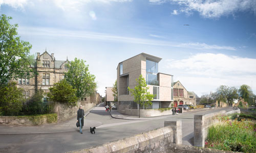 Proyecto residencial en Saint Andrews, Escocia, que plantea el uso de Sandstone (arenisca) como placas de revestimiento en fachada en toda la parte baja del proyecto.