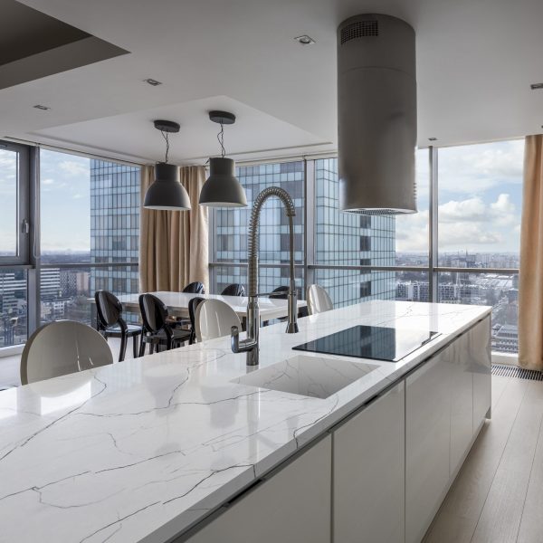 Kitchen and dining area with windows