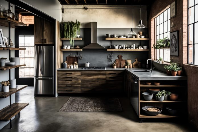 Industrial-style kitchen with concrete countertops and wooden op