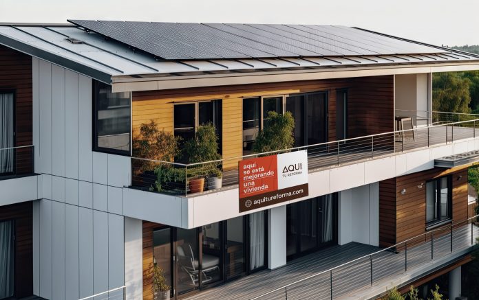 solar panels placed on balcony of modern residential house. Ai generative