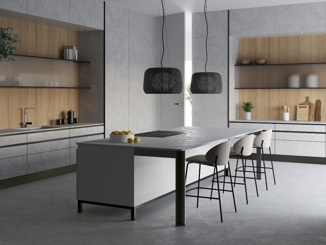 Suelo, revestimiento, encimera e isla de cocina con Neolith Whitesands
