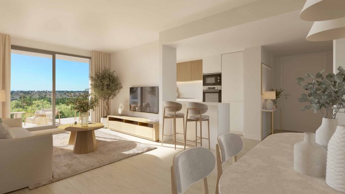 Salón abierto de las futuras viviendas de la promoción Llunare de AEDAS Homes en Paterna, Valencia.