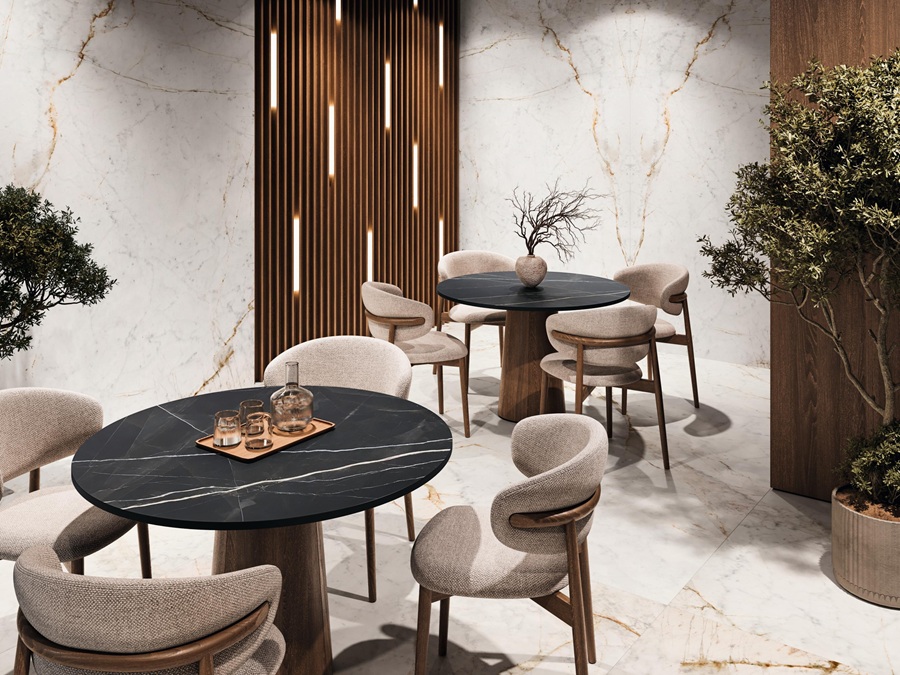 MOBILIARIO 6_MESA CALACATTA BLACK SILK 20mm + ESSENZA BOOKMATCH SILK + PAV ESSENZA SILK_RESTAURANTE